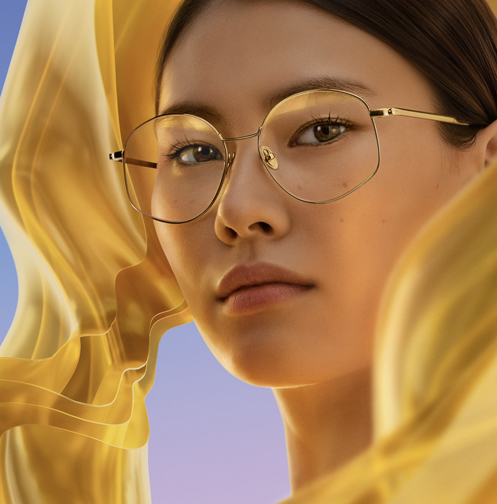 ZEISS premium eyewear with gold lens reflection and flowing golden accents